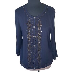 Alfred Dunner Navy Blue Cardigan Sweater Amber Beading Petite Size PM